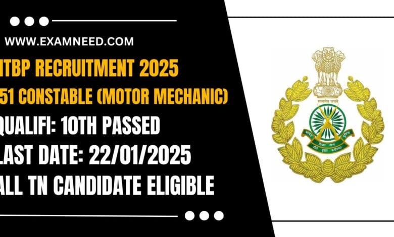 ITBP Recruitment 2025 Official Notification for 51 Constable (Motor Mechanic) Posts – Apply Now!