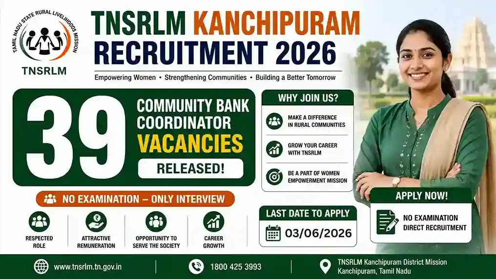 TNSRLM Kanchipuram Recruitment 2026 for 39 Community Bank Coordinator Vacancies No Examination 1 TNSRLM Kanchipuram Recruitment 2026