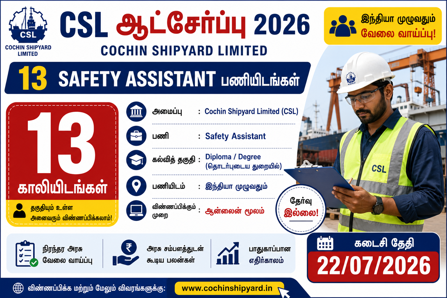 CSL Recruitment 2026 13 Safety Assistant Vacancy Apply Online Before July 22nd 2 CSL Recruitment 2026 notification for 13 Safety Assistant vacancies at Cochin Shipyard Limited.