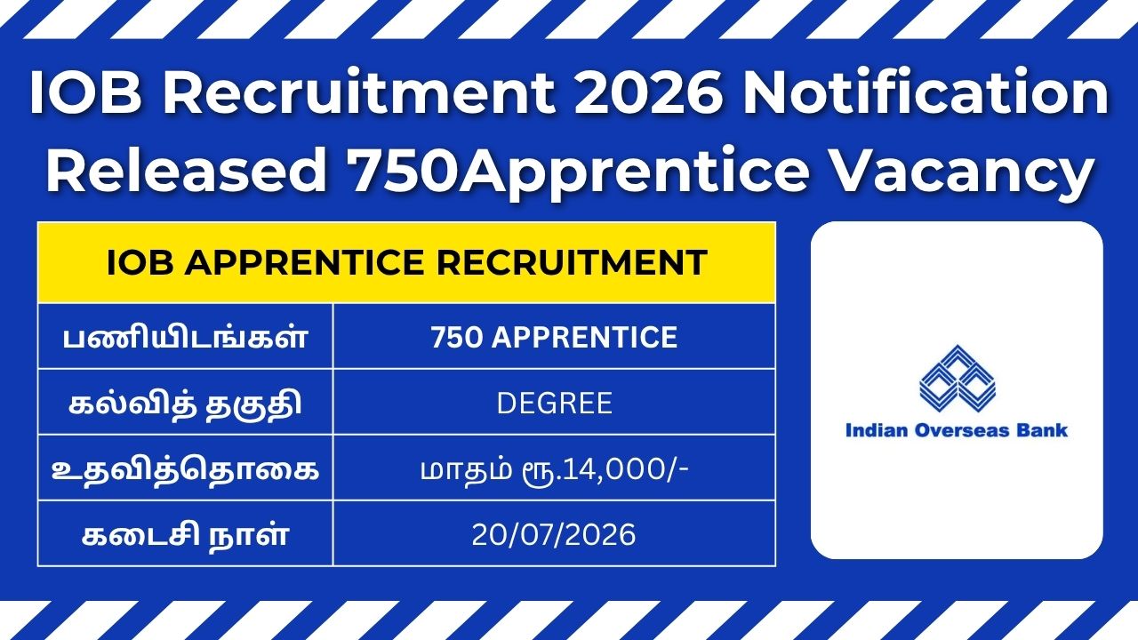 IOB Recruitment 2026 notification for 750 Apprentice vacancies at Indian Overseas Bank.