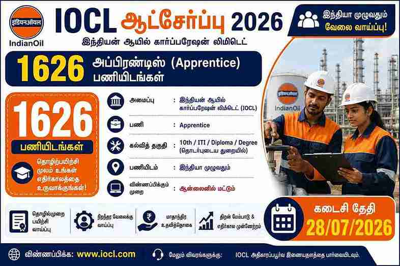 IOCL Recruitment 2026 1626 Apprentice Vacancy Apply Online Before July 28th 1 IOCL Recruitment 2026 notification for 1,626 Trade, Technician, and Graduate Apprentice vacancies at Indian Oil Corporation Limited.