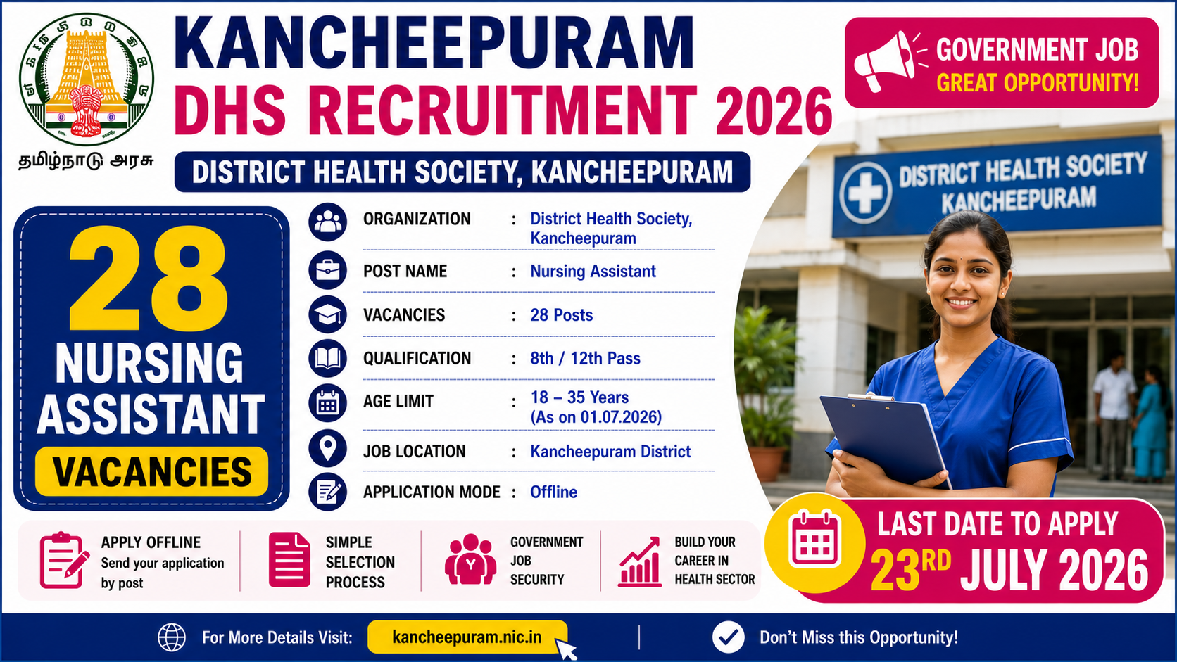 Kancheepuram DHS Recruitment 2026 notification for 28 Nursing Assistant vacancies under District Health Society.