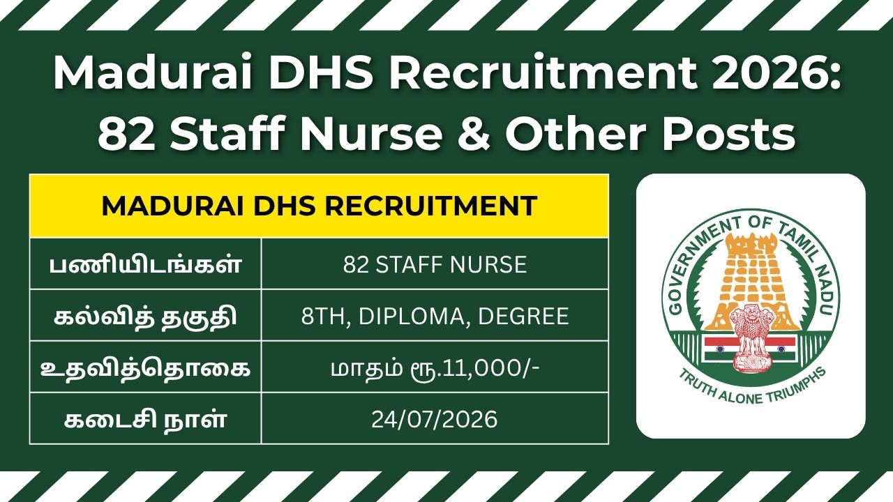 Madurai DHS Recruitment 2026 notification for 82 Staff Nurse and other vacancies under District Health Society.