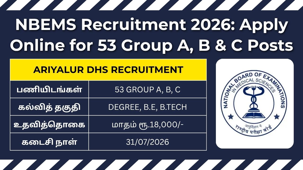 NBEMS Recruitment 2026 notification for 53 Group A, Group B, and Group C vacancies.