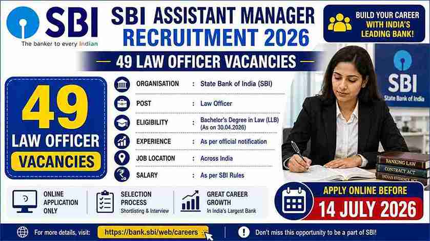 SBI Assistant Manager Recruitment 2026 notification for 49 Assistant Manager (Law) and Deputy Manager (Law) vacancies.