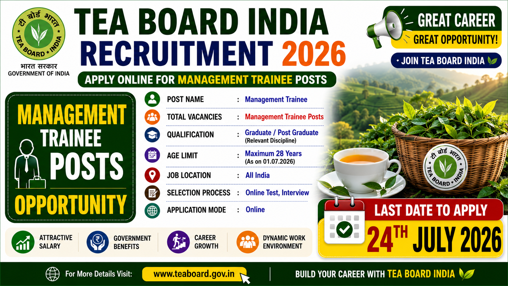 Tea Board India Recruitment 2026: Apply Online for Management Trainee Posts 3 Tea Board India Recruitment 2026 notification for Management Trainee vacancies.