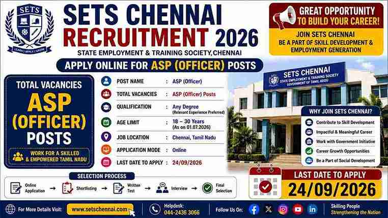 SETS Chennai Recruitment 2026 notification for ASP Officer vacancies at Society for Electronic Transactions and Security.