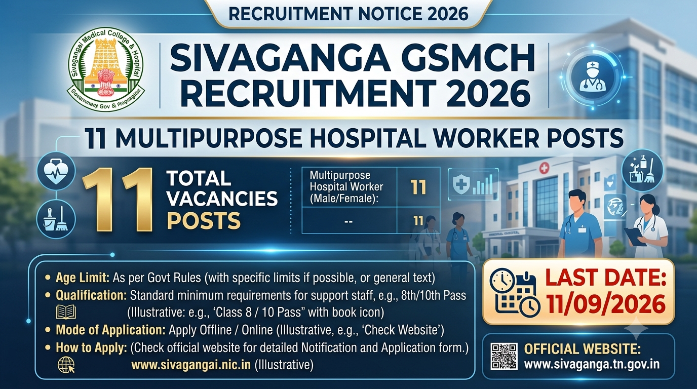 Sivaganga GSMCH Recruitment 2026 invites offline applications for 11 Multipurpose Hospital Worker posts.