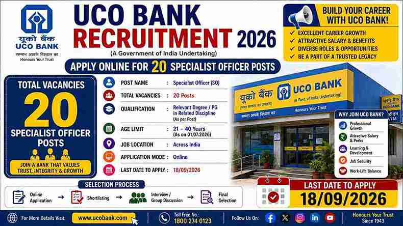 UCO Bank Recruitment 2026 invites online applications for 20 Specialist Officer posts.