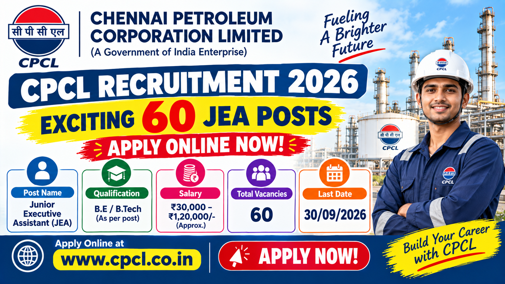 CPCL Recruitment 2026 notification for 60 Junior Engineering Assistant JEA posts.