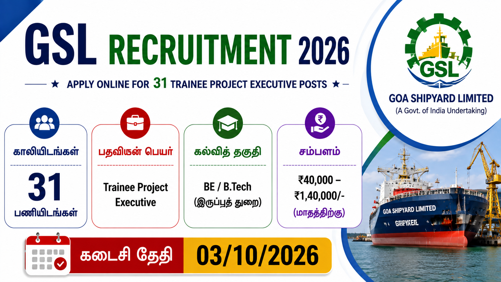 GSL Recruitment 2026 notification for 31 Trainee Project Executive posts.