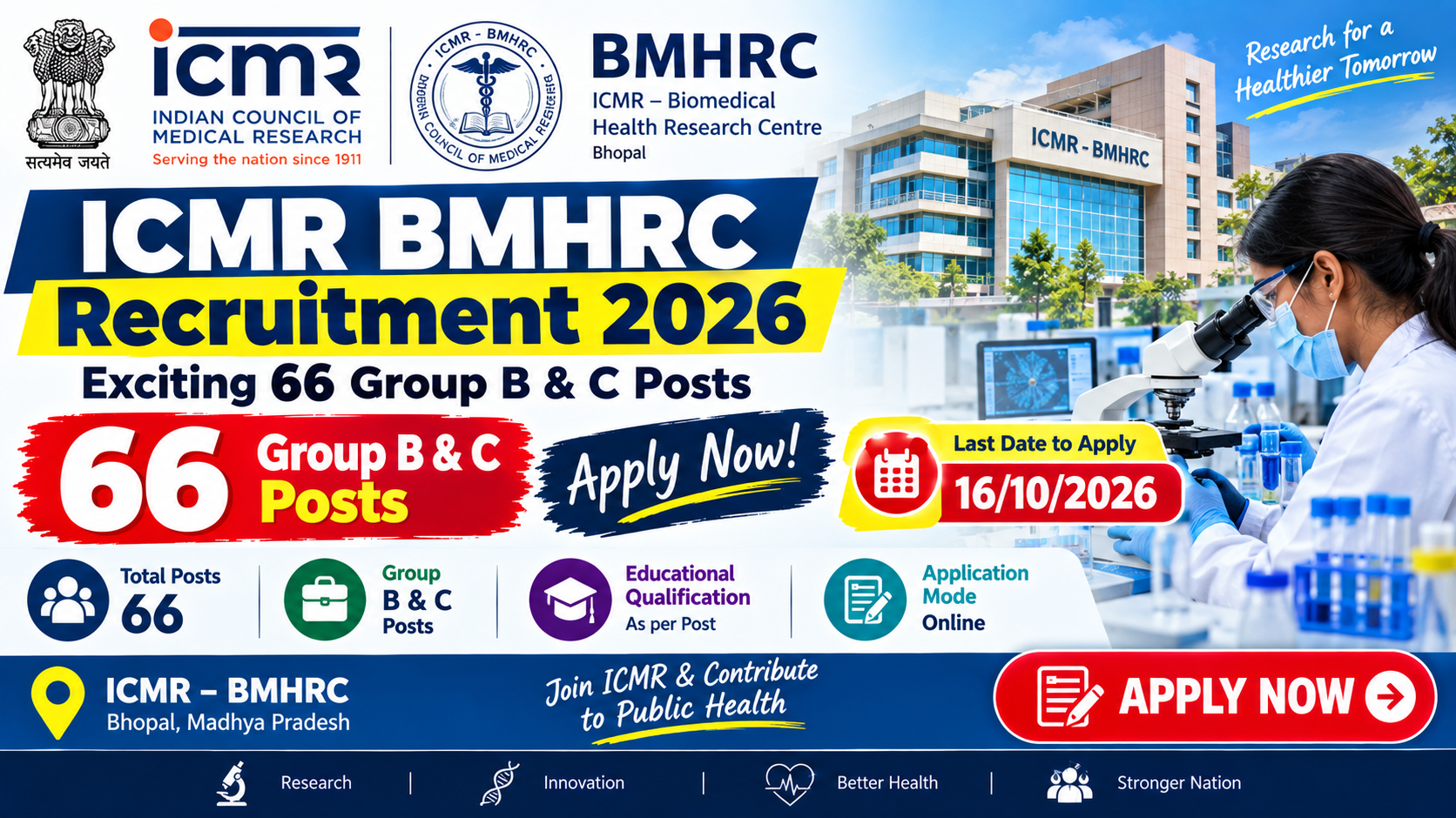 ICMR BMHRC Recruitment 2026 66 Group B and C Posts