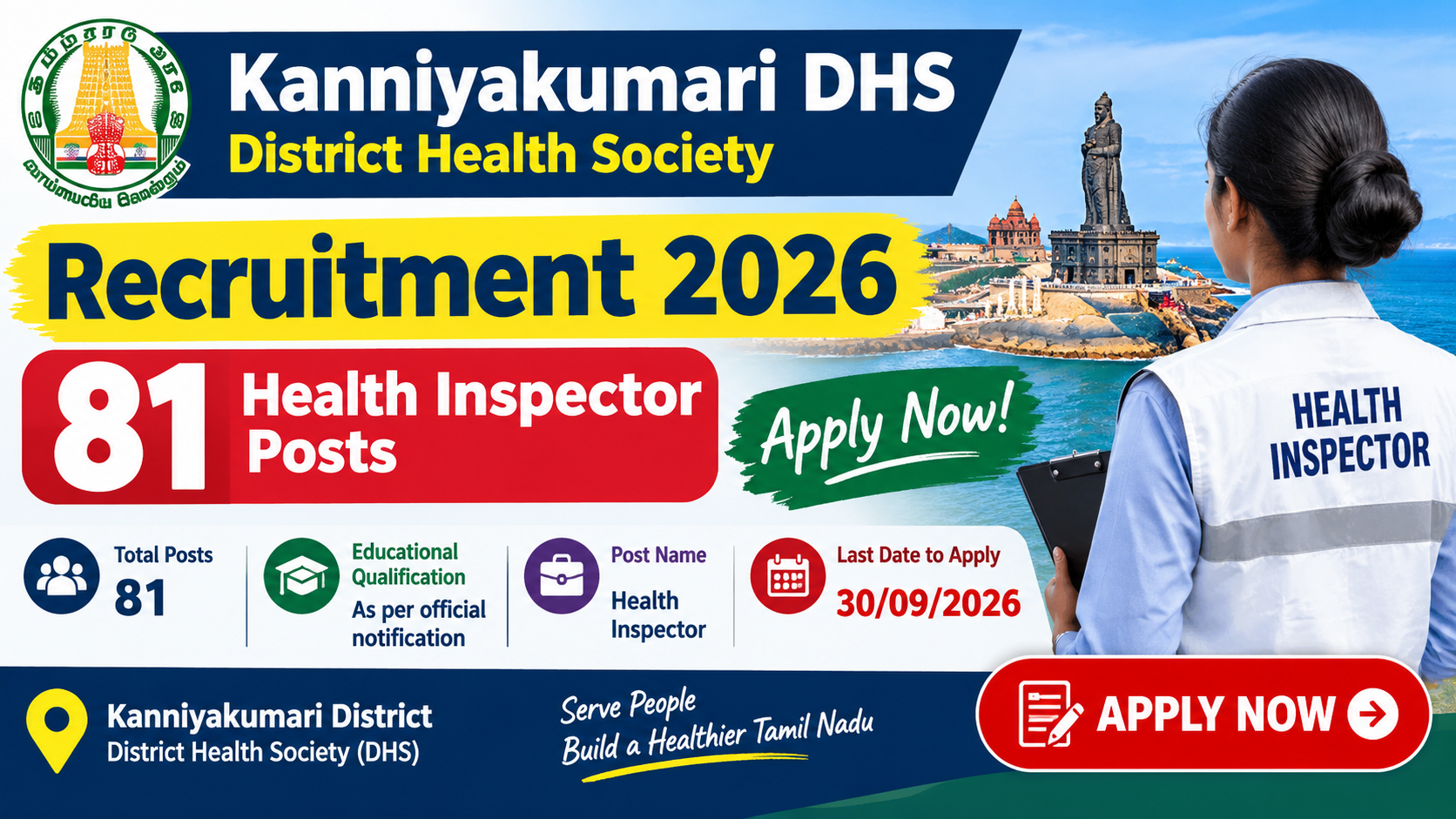 Kanniyakumari DHS Recruitment 2026 81 Health Inspector Posts