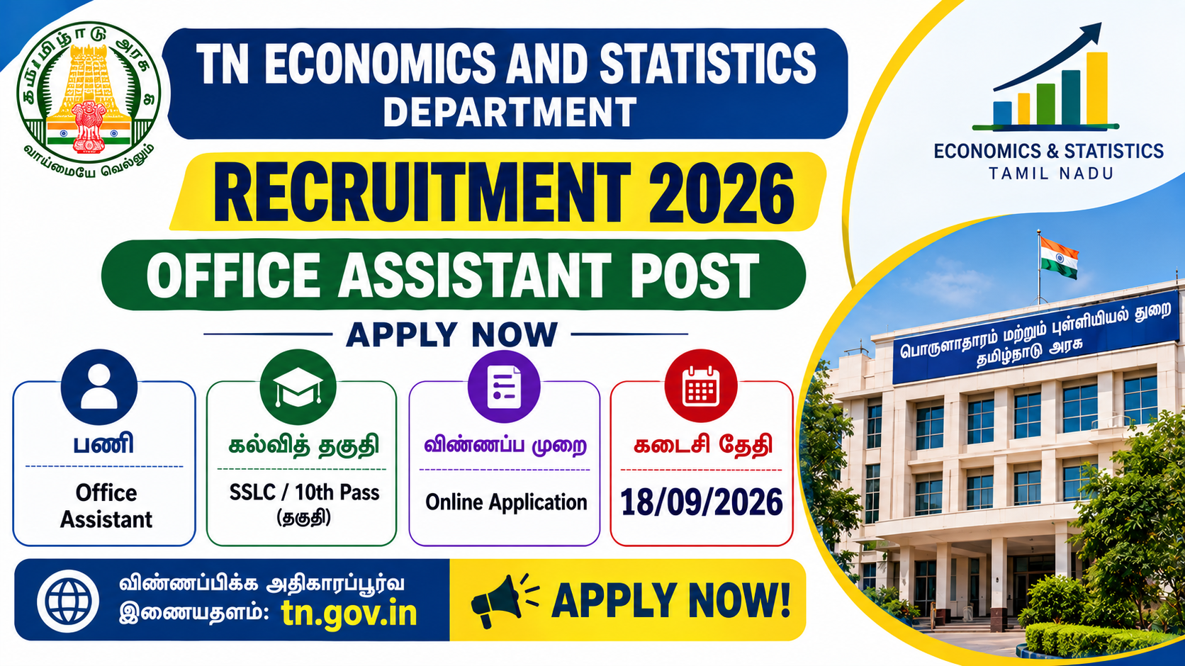 TN Economics and Statistics Department Recruitment 2026 – Office Assistant vacancy in Chennai.
