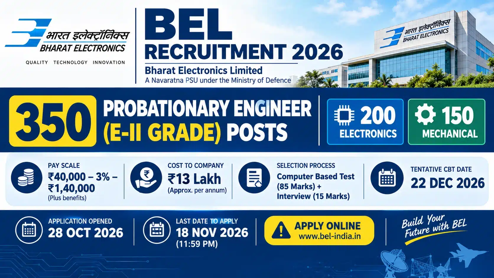 BEL Probationary Engineer Recruitment 2026 notification for 350 Probationary Engineer posts in Electronics and Mechanical