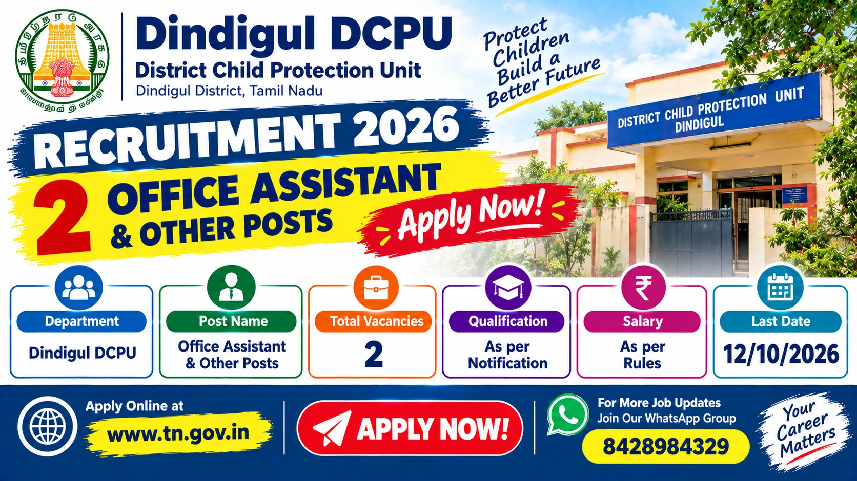 Dindigul DCPU Recruitment 2026: 2 Office Assistant & Other Posts – Apply Now 1 Dindigul DCPU Recruitment 2026 notification for 2 Office Assistant and Junior Assistant posts.