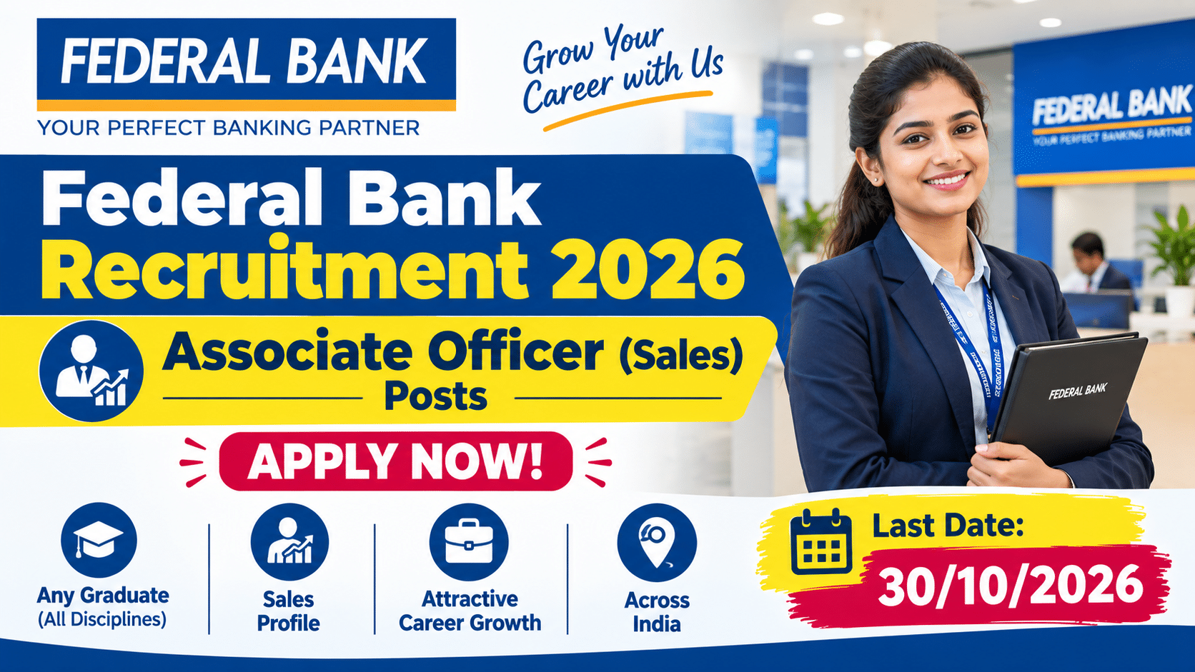 Federal Bank Recruitment 2026: Associate Officer (Sales) Posts – Apply Now 1 Federal Bank Recruitment 2026 notification for Associate Officer Sales posts.