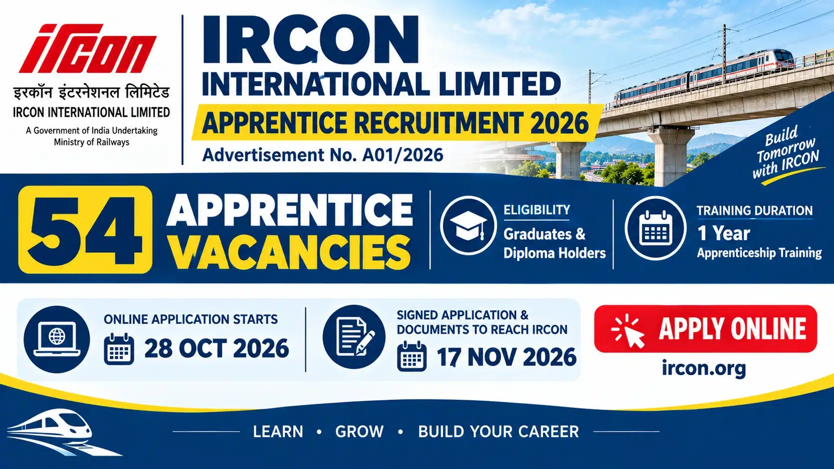 IRCON Recruitment 2026: Amazing 54 Apprentice Posts – Apply Now! 1 IRCON Recruitment 2026 notification for 54 Graduate and Diploma Apprentice vacancies