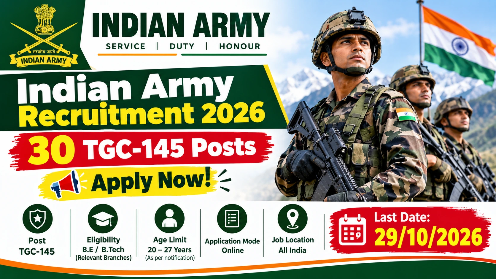 Indian Army Recruitment 2026: 30 TGC-145 Posts – Apply Now 1 Indian Army Recruitment 2026 invites applications for 30 TGC-145 vacancies commencing in July 2027.