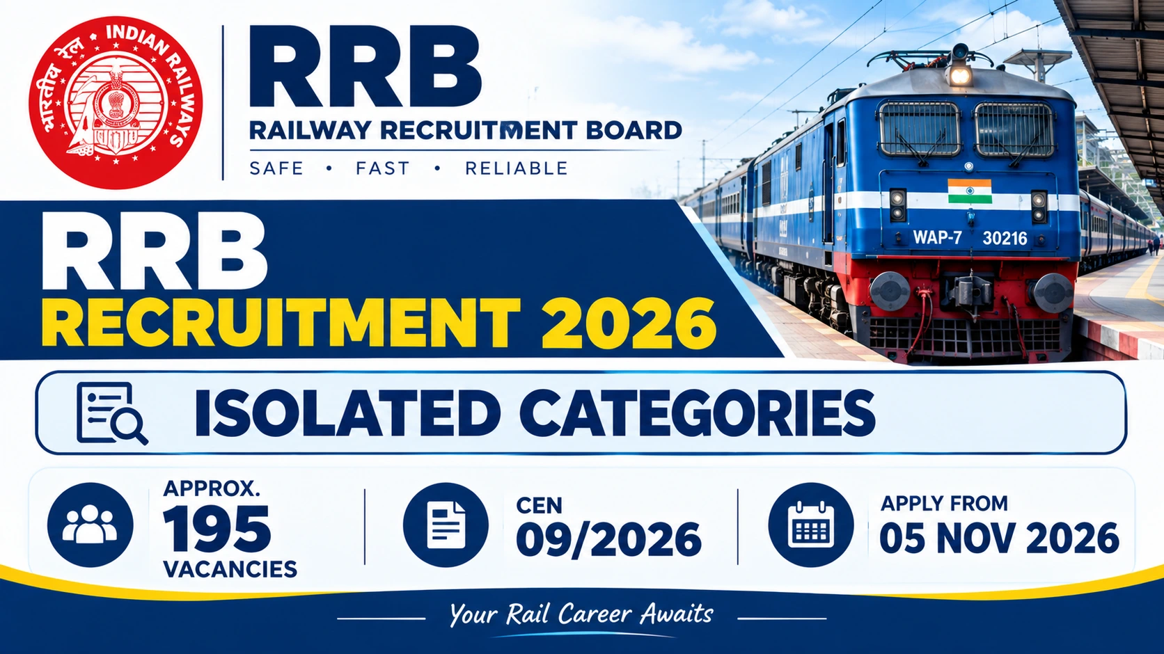 RRB Isolated Categories Recruitment 2026 (CEN 09/2026): 195 Posts, Apply from 5 November 1 RRB Isolated Categories Recruitment 2026 CEN 09/2026 for approximately 195 vacancies