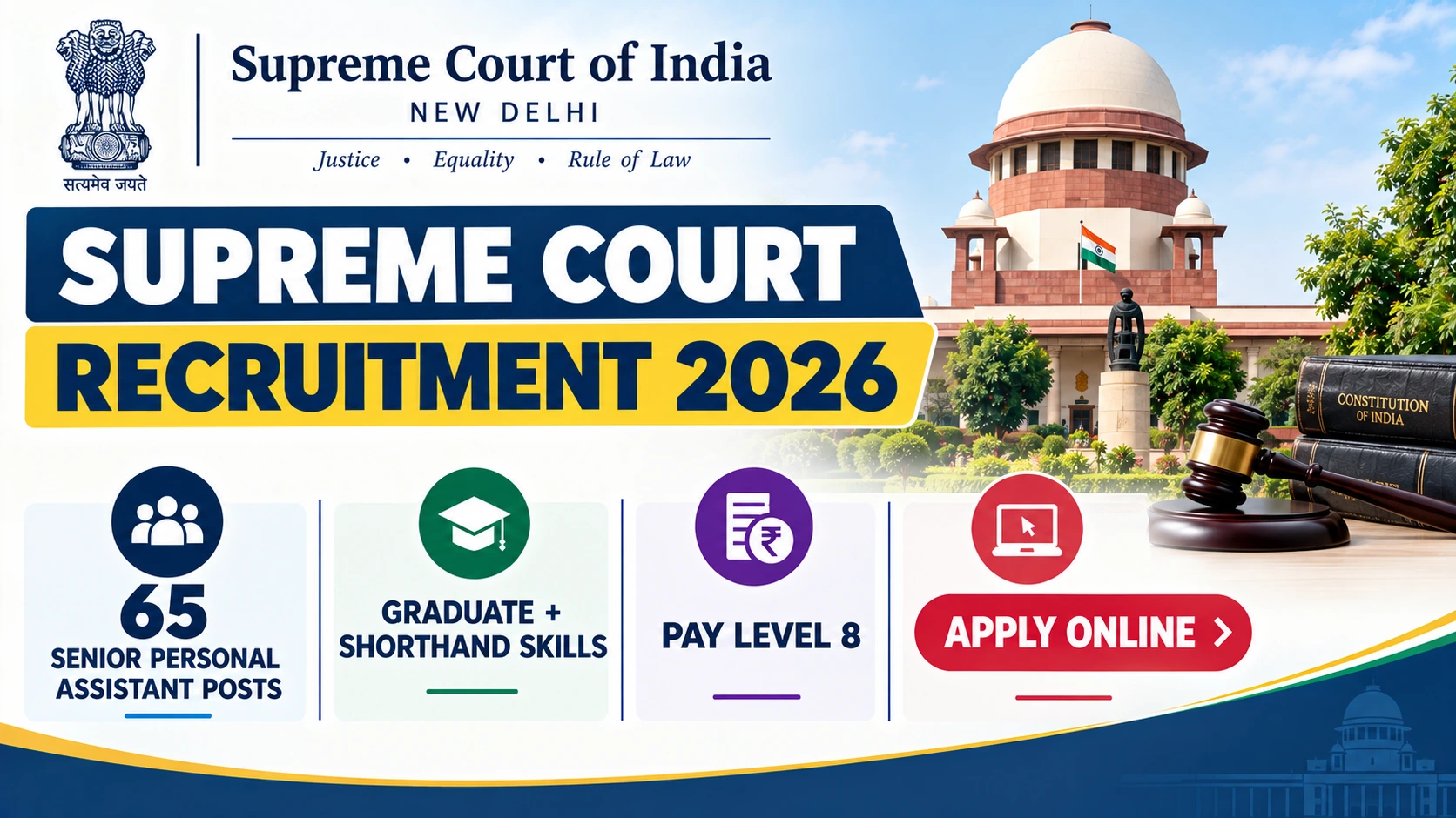Supreme Court of India Recruitment 2026 notification for 65 Senior Personal Assistant vacancies