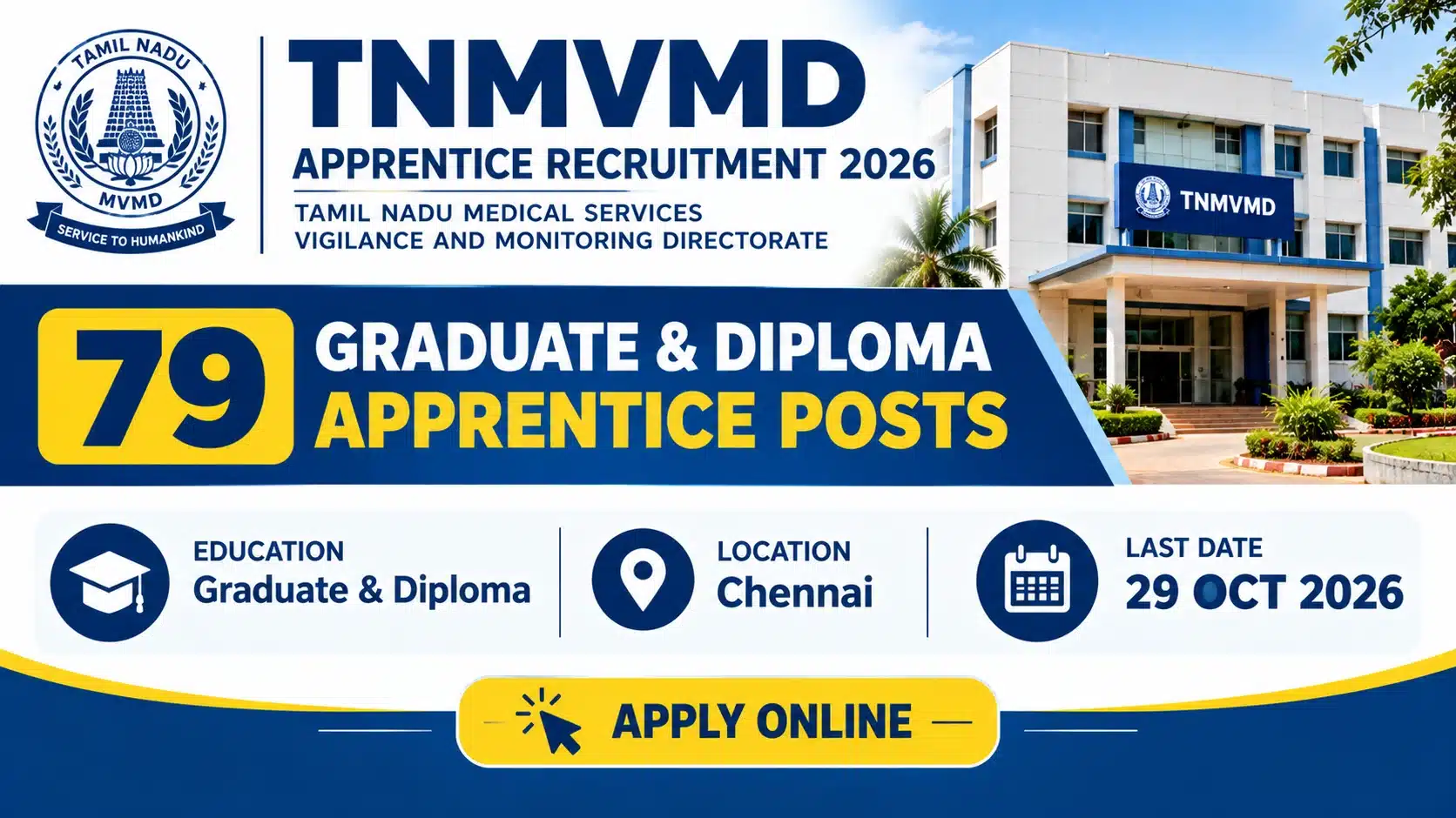 TNMVMD Apprentice Recruitment 2026: 79 Graduate and Diploma Apprentice Posts in Chennai, Apply by 29 October 1 TNMVMD Apprentice Recruitment 2026 notification for 79 Graduate and Diploma Apprentice posts in Chennai