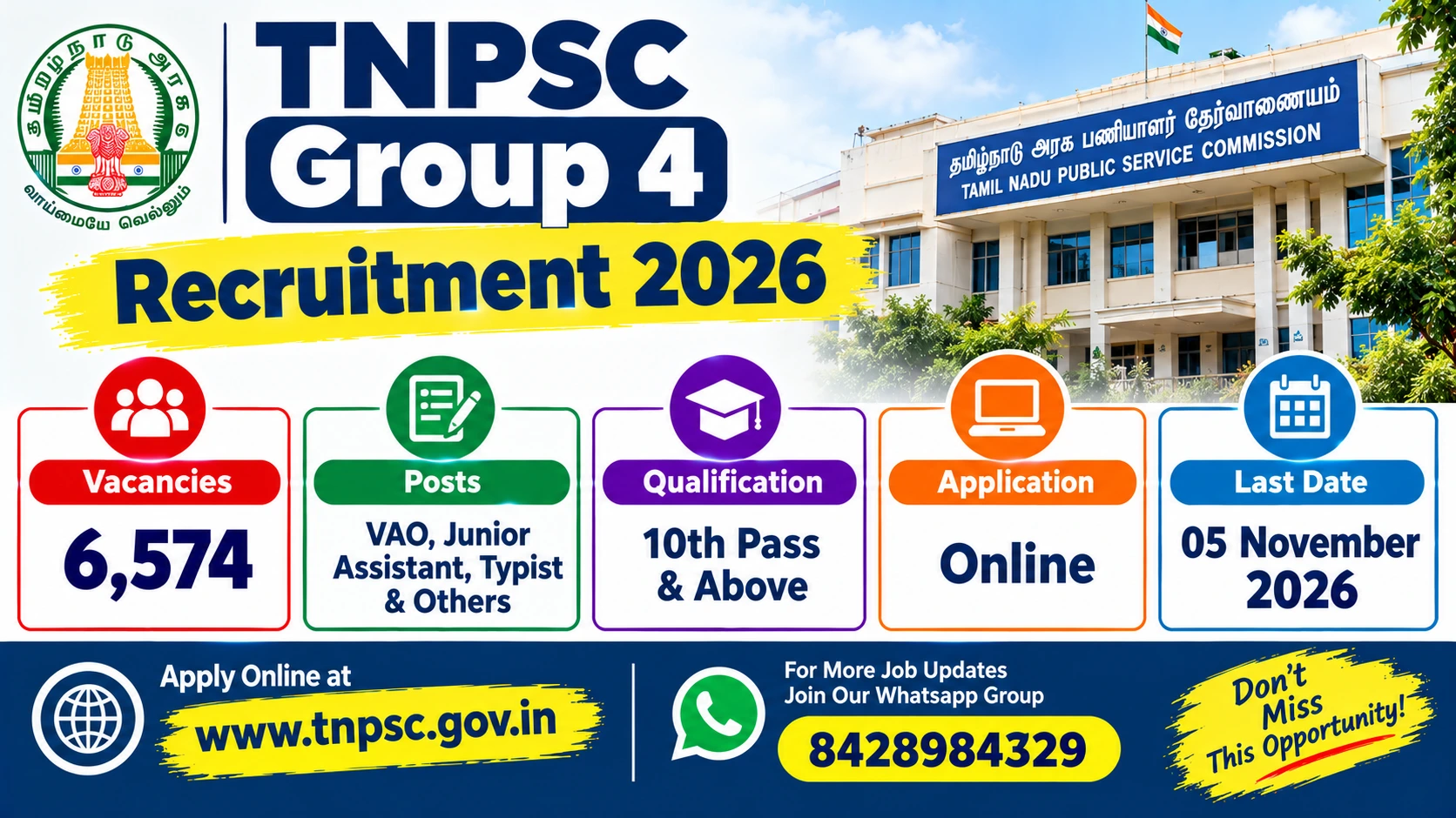 TNPSC Group 4 Recruitment 2026: Total 6,574 Vacancies – Apply Online Now! 2 TNPSC Group 4 Recruitment 2026 notification for 6,574 vacancies.