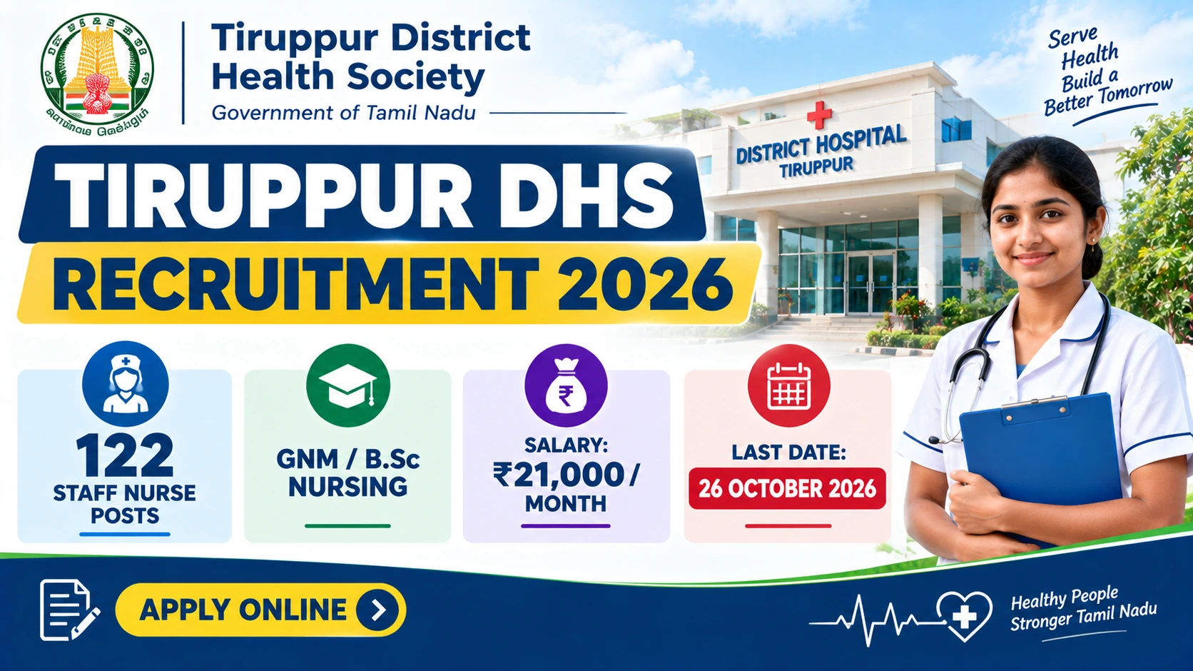 Tiruppur DHS Recruitment 2026 notification for 122 Staff Nurse vacancies